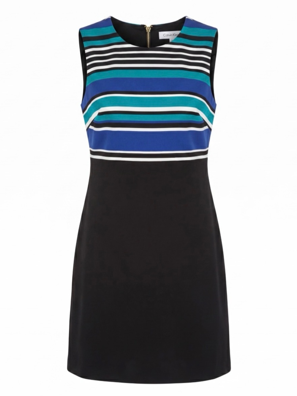 NWTCalvin Klein Striped Sheath Dress. Blue, Teal, White, Blk .Gold Zipper Size 6
